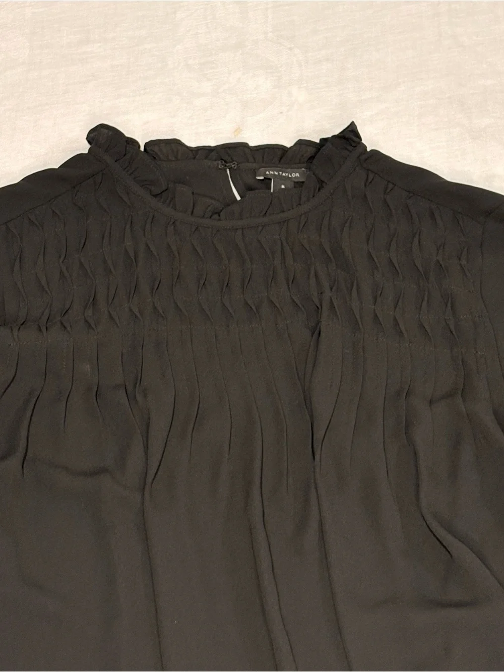 Ann Taylor Black Long-Sleeve Smocked Yoke Blouse medium - Picture 2 of 5